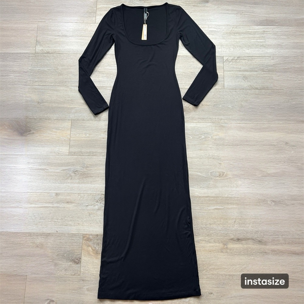 NWT SKIMS Large Soft Lounge Ribbed Modal Maxi Stretch Dress Onyx Black